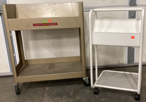 TWO TIER, ONE SLOT WHITE METAL UTILITY ORGANIZER CART (14x26”), SMALL UTILITY BOOK CART (23x11x27.5”)