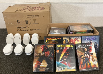 BOX OF FEBREZE DEVICE PACKS, BOX OF DVDS INCLUDING SPIDER-MAN 3, INDIANA JONES, CAPTAIN AMERICA, STAR TREK, HELLBOH, TERMINATOR, MATRIX, SURFS UP, FEERIS BUELLERS DAY OFF AND MORE