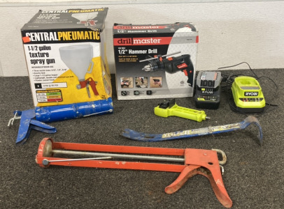 DRILL MASTER 120 VOLT 1/2&rdquo; HAMMER DRILL 4.2 AMP MOTOR, RYOBI BATTERY CHARGERS, CENTRAL PNEUMATIC 1-1/2 GALLON TEXTURE SPRAY GUN, CROW BAR, (2) CAULKING GUNS