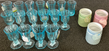 SET OF 18 VINTAGE DEBI LILLY BLUE GLASS WINE GOBLETS AND CUPS, THREE DEBI LILLY HOBNAIL VASES