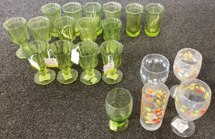 SET OF VINTAGE GREEN DEBI LILLY WINE GLASSES AND CUPS, (2) FALL THEMED CUPS, (2) SNOW THEMED CUPS, (1) GREEN WINE GLASS