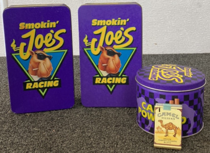 VINTAGE CAMEL CIGARETTE LIGHTER, (3) CAMEL SMOKIN JOES TINS