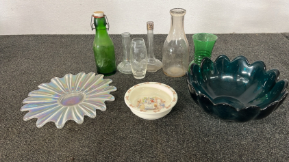 1988 PETER RABBIT BOWL, BLUE BOWL, GREEN GLASSWARE AND MORE