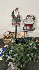 CHRISTMAS DECOR W/ LIGHTS, YARD SIGNS, PINE CONES AND MORE