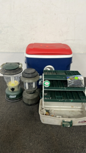 (2) COLMAN MODERN LANTERNS, RED/ WHITE/ BLUE IGLOO COOLER, AND GREEN/ TAN PLANO TACKLE BOX