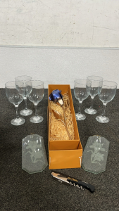 (6) SOCIAL WINE GLASSES, METAL BLUE ROSE, BOTTLE OPENER AND (2) GLASS SUN CATCHER