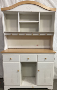 WOODEN WHITE HUTCH W/ HOOK KNOBS AND SHELVES (71x47”)