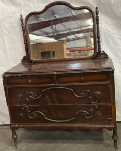 VINTAGE WOOD FOUR DRAWER DRESSER WITH MIRROR (47X37”)