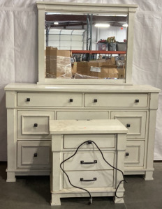 ASHLEY FURNITURE WOODEN WHITE NINE DRAWER DRESSER W/ MATCHING THREE DRAWER ELECTRIC NIGHTSTAND AND MIRROR