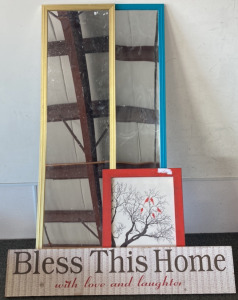 TWO FULL LENGTH MIRRORS (49.5X13.5”), RED WOODEN PICTURE FRAME W QUOTE (19.5X13.5”), BLESS THIS HOME WOODEN SIGN (36X7”)