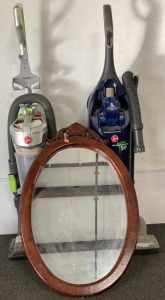 HOOVER WINDTUNNEL V2 12 AMPS (WORKS), HOOVER WINDTUNNEL 3 CHANNEL AIR LIFT VACUUM (WORKS), DARK WOOD OVAL MIRROR (29X18”)