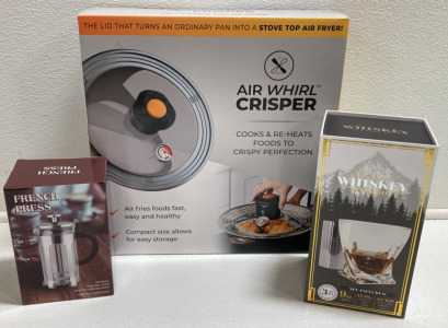 Air Whirl Crisper, French Press, 3pc Whiskey Set