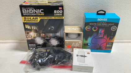 Solar Duo Spotlight, C Life Lightbulb, Pruveeo Dash Cam, Vent Phone Mount, Ring Light/Phone Holder