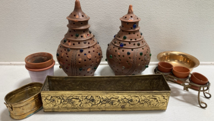 (2) Clay Candle Covers, (5) Assorted Plantets, (1) Metal Bowl