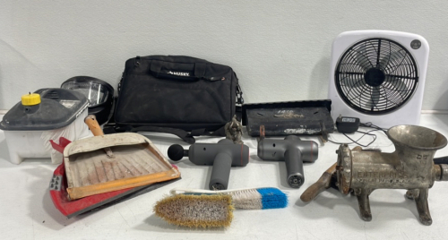 (2) Massage Guns (1) Husky Work Bag (1) Desk Fan (1) Vintage Meet Grinder (3) Assorted Dust Pans Ans Brushes And More!