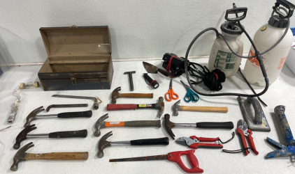 (10) Assorted Hammers (1) Caulk Gun (1) Simmonds Metal Toolbox (2) Hand Pump Sprayers and More!