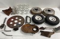 (2) Haulmaster Wheels (7) Assorted Auto Parts (9) Glassware