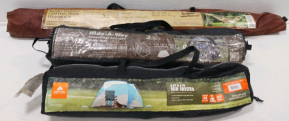 (1) Padre Island Cotton Rope Hammock 112"&times;48" (1) Texsport Hide-A-Way Camo Hexagon Dome Tent (1) Ozark Trail Sun Shelter 8'&times;6'