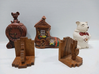 (3) Antique Cookie Jars (1) Set of Western Style Book Ends