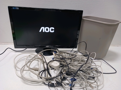 AOC e2752She 27" LED Monitor (Glossy Black) & Extra Cords In a Rubbermaid Trash Can