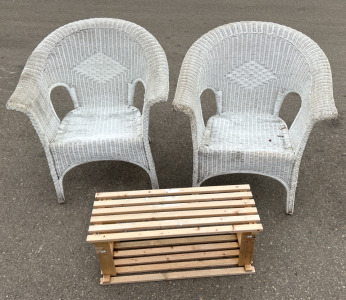 (2) White Wicker Patio Chairs (1) Homemade Plant Stand