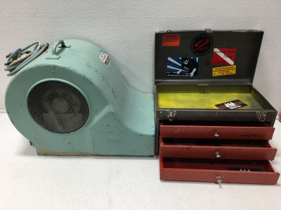 (1) Squirrel Cage Fan (works) (1) Protech Toolbox