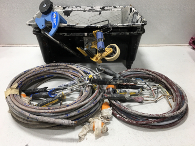 (6) Pneumatic Painter Hoses (2) Masking Rollers (2) Paint Tubs (13) Paint Rollers