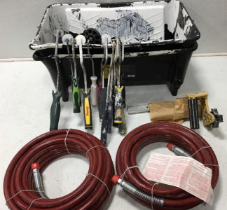 (2) New Pneumatic Airless Painter Hoses (14) Assorted Paint Rollers (2) Paint Tubs (1) Masking Paper Cutter