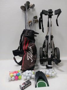 (1) Set of Titanium Clubs with Titleist Golf Caddy (1) BagBoy (1) Set of 3 Duo Optics Golf Balls & More