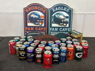 Football Memoribilia Including: Collector Cans, Balls, Teekeez Figurine, And Fan Cave Wall Hanging Signs