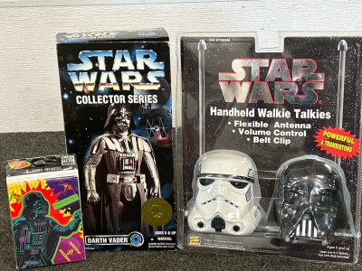Star Wars Collector Series Darth Vader in Original Box, Star Wars Walkie Talkies Storm Trooper/Darth Vader and Darth Vader &ldquo;Thanks!&rdquo; Cards