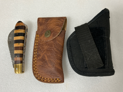Demascus Folding Knife And (2) Sheaths