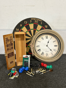 Sportcraft Dart Board, Darts, Wood Storage Box, And Custom Clock with Lasso