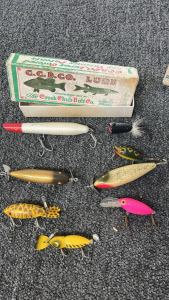 C. C.B.CO Gishing Lures, Ampack Train Control, And (2) John Deere Tractors