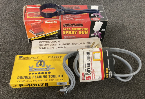 (1) Makita Finishing Sander Model M901 (Powers On), With (1) Pittsburgh Tubing Bender 3/8”, (1) Central Pneumatic Professional 20 OZ. gravity Feed Spray Gun, (1) Pittsburgh P-40878 Double Flaring Tool Kit, And More