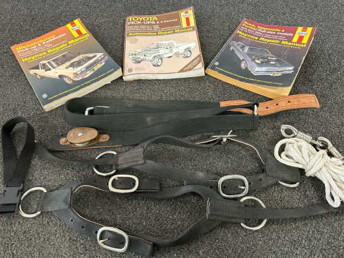 (3) Haynes Auto Repair Manuals and Safety Harness Pieces with 1-1/2 Pulley