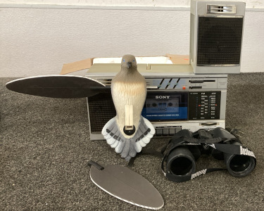 Mojo Voodoo Dove Decoy with Spinning Wings, Bushnell Binoculars, and Sony TranSound FM/AM Stereo Cassette-corder CFS-3000 (works)