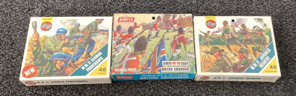 (3) Vintage AirFix Collectible War Figurine Packs, Including (1) &ldquo;American War Of Independence British Grenades&rdquo; (40 Plus Pieces), (1) &ldquo;W.W. 2 German Paratroops&rdquo; (46 Pieces, And (1) &ldquo;W.W. 2 Japanese Infantry&rdquo; (48 Pieces)