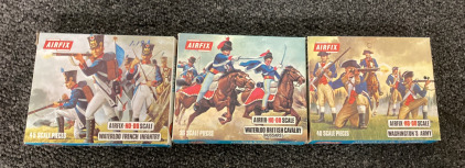 (3) Vintage AirFix Collectible War Figurine Packs, Including (1) &ldquo;Waterloo French Infantry&rdquo; (13 Pieces), (1) &ldquo;Waterloo British Cavalry Hussars&rdquo; (12 Pieces), And (1) &ldquo;American War Of Independence Washington&rsquo;s Army&rdquo; (39 Pieces)