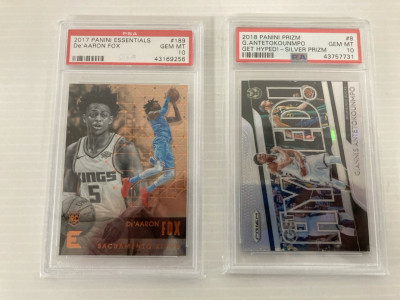 Giannis Antetokounmpo 2018 Panini Prism #8 PSA Gem Mint 10, De&rsquo;Aaron Fox 2017 Panini Essentials #189 PSA Gem Mint 10
