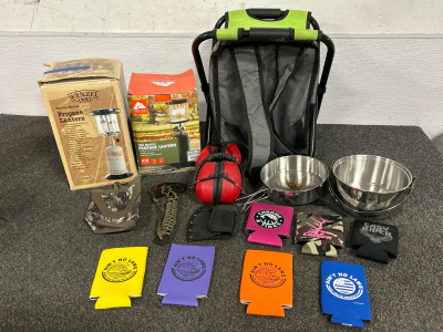 (2) Propane Lanterns, Ear Muffs, Backpack Stool Cooler, Camping Pot & Skillet, Hatchet and Coozies