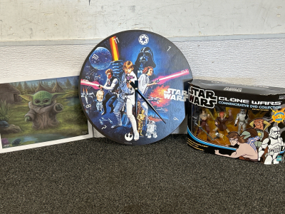 Vintage Star Wars Wall Clock (Tested-Mechanism Needs Replaced), Star Wars &ldquo;Clone Wars&rdquo; Cartoon Network Characters and Grogu Reprint by Thomas Kinkade Studios