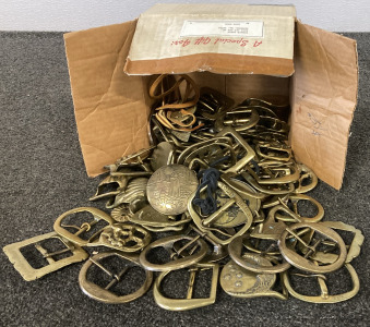 Box Full of Solid Brass Belt Buckles