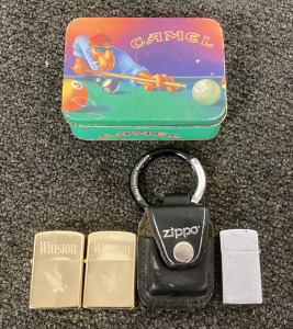 (2) Vintage Winston Firebird Zippo Lighters, (1) Vintage Silver Zippo Lighter, (1) Vintage Camel Brand Tin, With (1) Zippo Lighter Carrier