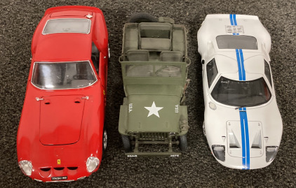 (1) 1962 Ferrari GTO Die Cast, (1) Willy&rsquo;s Jeep Die Cast, (1) Ford GT40 Widebody MK1 Die Cast