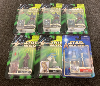 (6) Star Wars &ldquo;Attack Of The Clones&rdquo; Figurines Including, (1) &ldquo;Zam Wessel&rdquo;, (1) &ldquo;R3-T7&rdquo;, (3) &ldquo;Jango Fett&rdquo;, And (1) &ldquo;Taun We&rdquo;