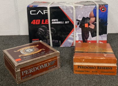 14 piece caf 40 lb vinyl dumbbell set, perdomo 10th anniversary cigar box, perdomo habano bourbon barrel aged cigar box