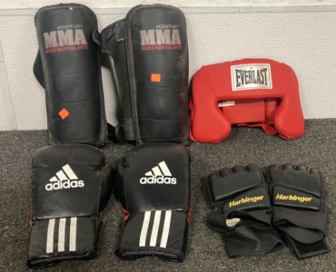 Pair Of Adidas 12 Oz Boxing Gloves, Pair Of Harbinger FingerLess Gloves, Century MMA Shin Instep Guards, Everlast Head Gear