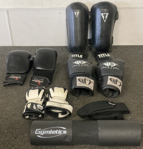 Title Boxing Shin Pads, Pair Of ILoveKickBoxing Gloves, Venm Fingerless Gloves, Gymletics Safety Bar Cushion