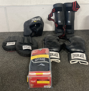 Pair Of EverLast Boxing Gloves, EverLast Head Protector, Long Life Products Shin Pads, EverLast Punch Mitts, EverLast MMA s/m Heavy Bag Gloves
